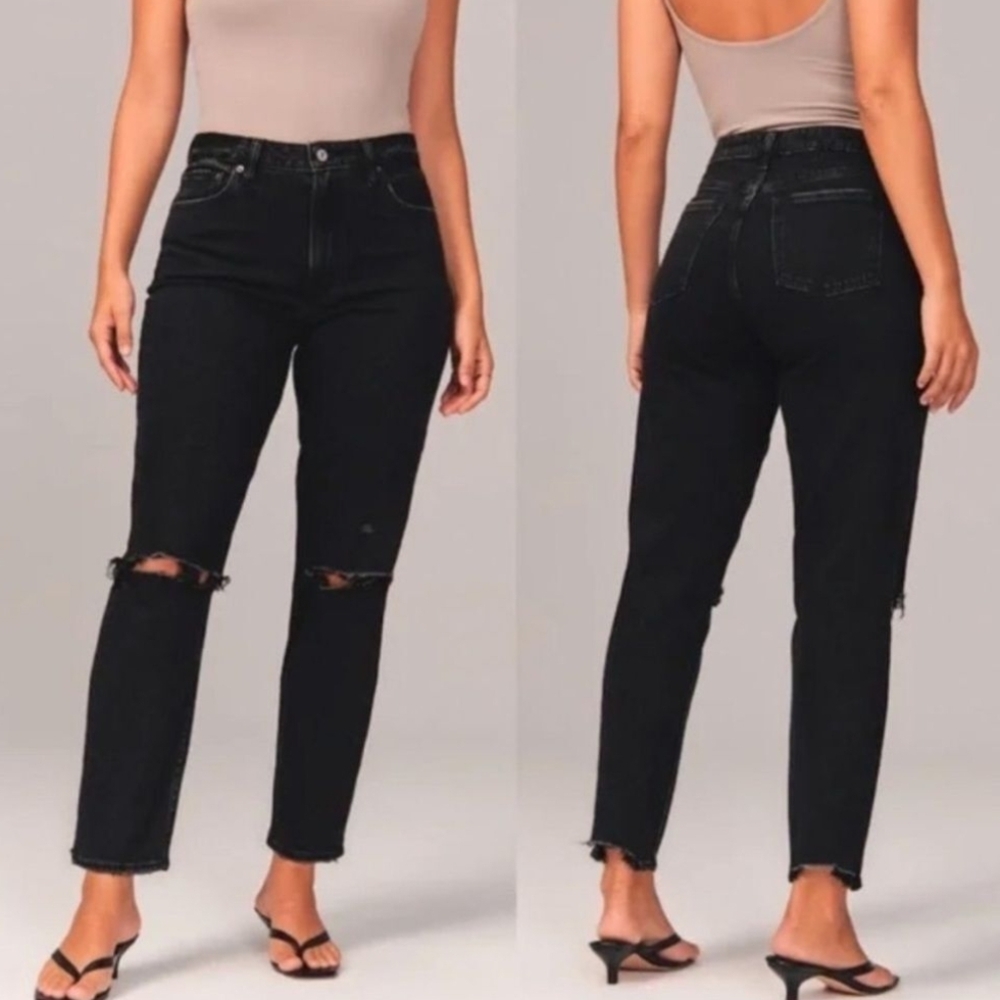 Abercrombie & Fitch Women's Black Distressed Curve Love Mom Jean